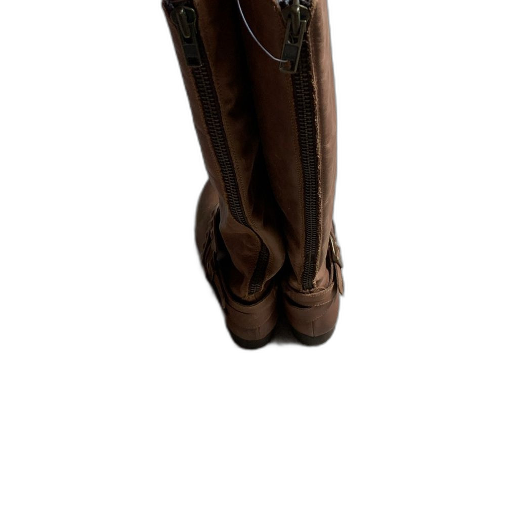MNTG Brown Leather Riding Boots Size 5.5 NWT Studded Strap Tall Flat Moto Boho - Picture 4 of 10